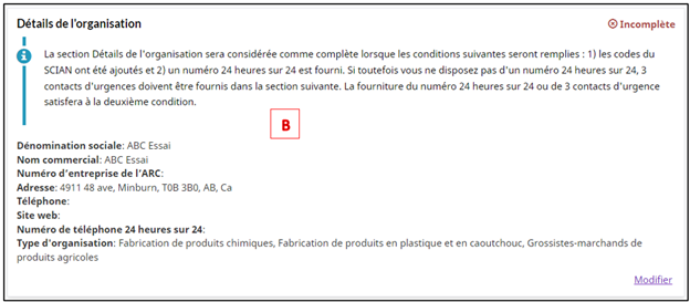 La section Détails de l’organisation