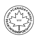 Un logo circulaire comportant une feuille d’érable au centre avec le texte 'YYY' à l’intérieur de la feuille. Autour de la feuille d’érable, le cercle extérieur comprend les textes : 'CANADA,' 'NSVAC xxxx,' 'CMVSS xxxx,' et 'TRANSPORT,' séparés par de petits points circulaires. Le logo est en noir et blanc et représente une marque de conformité ou de certification liée aux normes de transport au Canada.