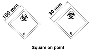 Left image. A white square on point. Starting from the bottom, the number 6. Symbol of three crescents superimposed on a circle in top portion with the size (100 mm) displayed in the upper left corner of the label.