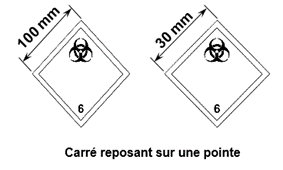 Image de gauche (left image). Un carré blanc reposant sur une pointe. En partant du bas, le numéro 6. Symbole de trois croissants superposé sur un cercle dans la partie supérieure avec la grandeur (100 mm) indiqué dans le coin supérieur gauche de l’étiquette. Image de droite (right image). Un carré blanc reposant sur une pointe. En partant du bas, le numéro 6. Symbole de trois croissants superposé sur un cercle dans la partie supérieure avec la grandeur (30 mm) indiqué dans le coin supérieur gauche de l’étiquette.