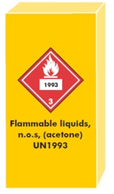 A yellow 3D box displaying a red square on point label for Class 3, Flammable Liquids. Starting from the bottom, the number 3. The symbol of a flame in white in the top portion. Below the red square on point is the writing Flammable liquids, n.o.s, (acetone) UN1993.