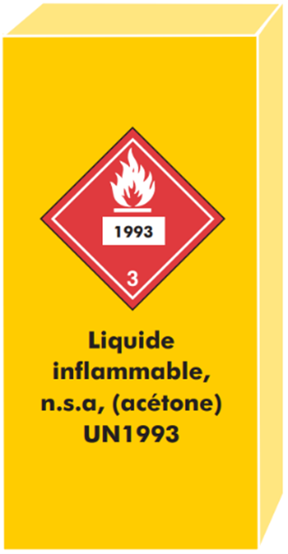 Une boite jaune 3D affichant un carré rouge reposant sur une pointe pour l’étiquette de Classe 3, Liquides inflammables. En partant du bas, le numéro 3. Le symbole d’une flamme en blanc dans la partie supérieur. En dessous du carré rouge reposant sur une pointe est l’énoncé Liquides inflammables, n.s.a, (acétone) UN1993.