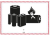 Rectangle with red hatching slanted to the right around edge.  White background. Black symbol of a group of batteries, one damaged and emitting flame.