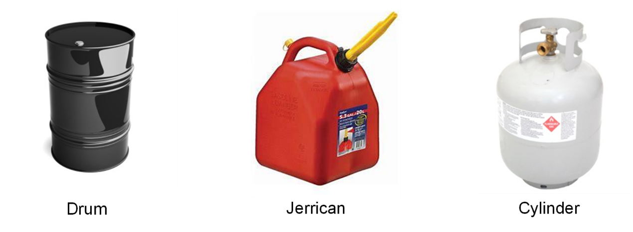 Left: Image of a black drum. Middle: Image of a red jerrican. Right: Image of a white cylinder.