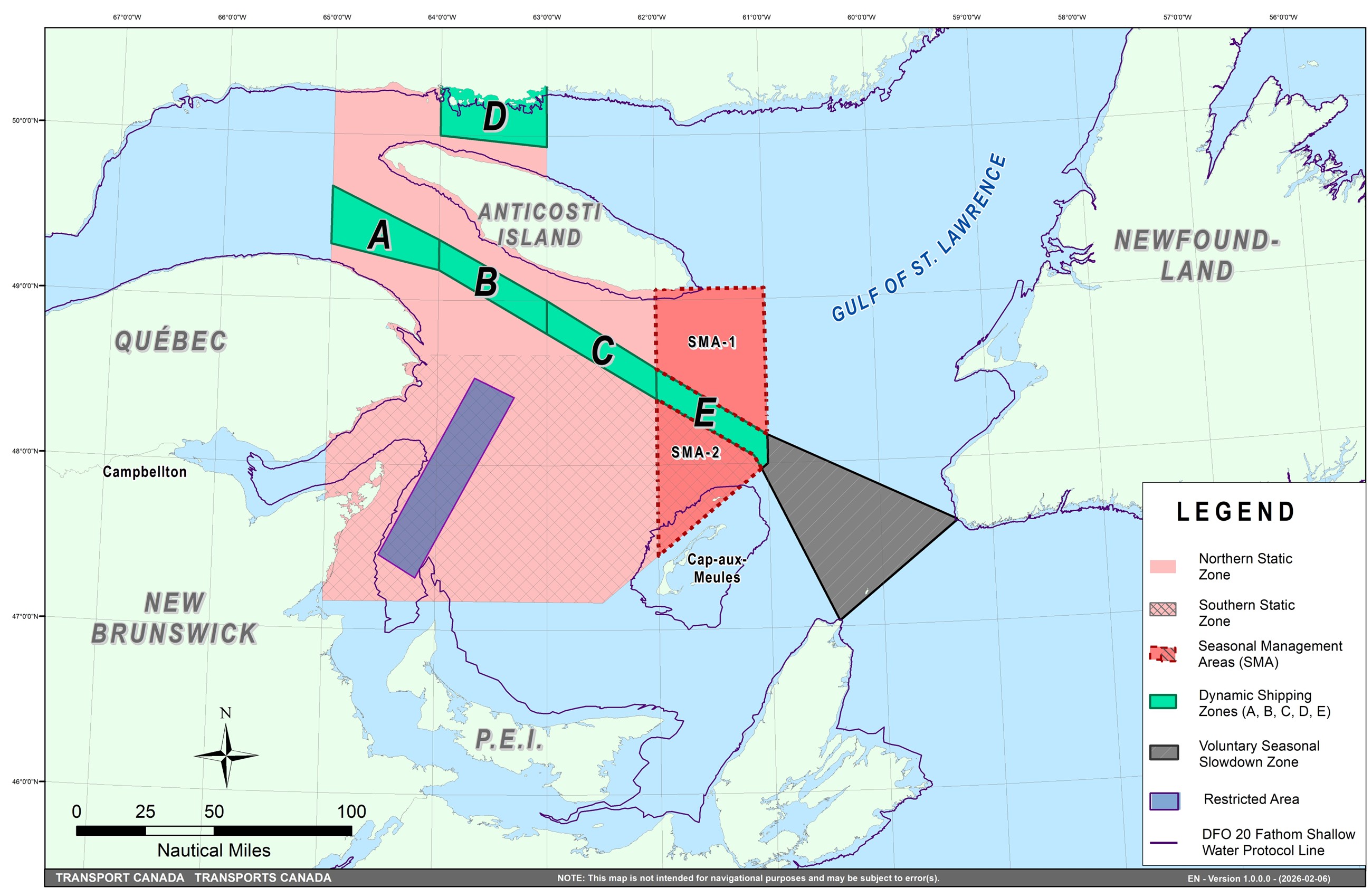 Map of 2026 vessel traffic management measures in the Gulf of St. Lawrence
