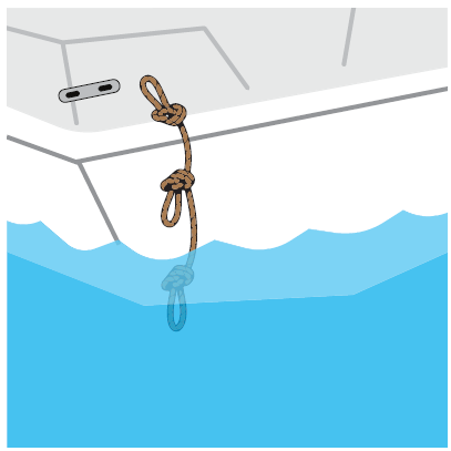Une boucle est attachée au bateau avec d'autres boucles suspendues dans l'eau pour former une échelle de corde.