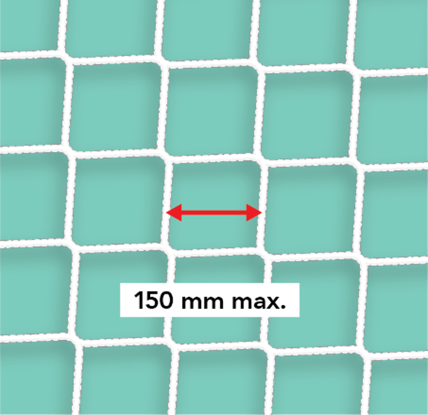 The mesh “cells” must be 150 mm (6 in) or less. The mesh crossing must be made in a way that limits wear and tear from friction and prevents the mesh from widening.