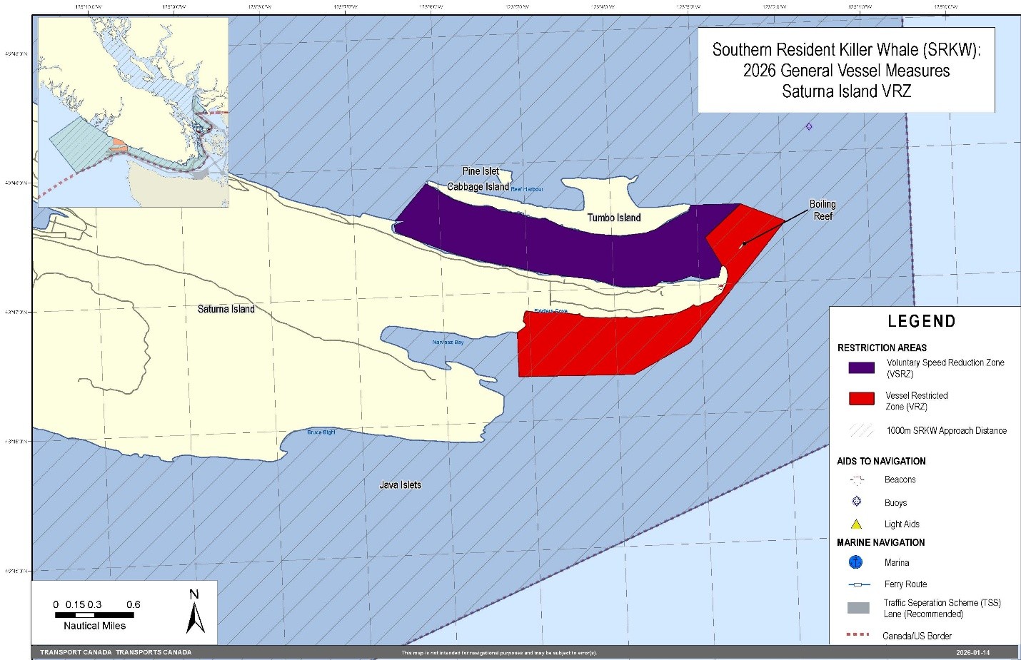 Map of vessel measures for Southern Resident killer whales around Saturna Island. It shows: The voluntary speed reduction zone, interim sanctuary zone, 400 metre approach restriction area, and the area of prohibition of impacting the path of a killer whale.