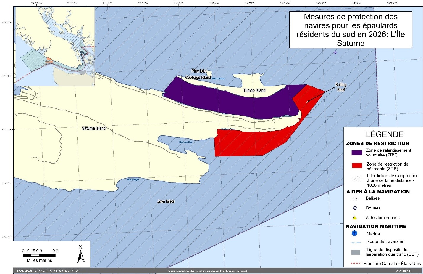 Carte des mesures prises par les bâtiments pour les orques résidentes du Sud autour de l'île de Saturna. Elle représente : La zone de réduction volontaire de la vitesse, la zone sanctuaire provisoire, la zone de restriction d'approche de 400 mètres et la zone d'interdiction d'impact sur la trajectoire d’un orque.