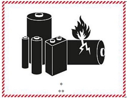 Groupe de batteries, l'une est endommagée et présente des flammes, au bas de la marque, le numéro UN, le tout dans un encadré rouge hachuré.