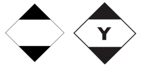 2 white squares on point representing the accepted marks for a consignment of dangerous goods. From left to right: white square on point with up and bottom portions in black, white square on point with up and bottom portions in black and the letter Y centered (for air mode).