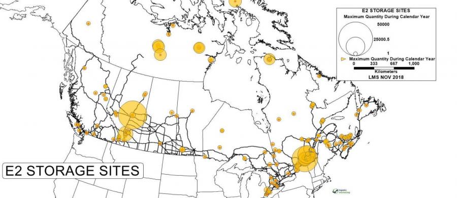 Figure 11 1 Capacité maximale des grandes installations d’entreposage au Canada, 2018 (Source : Base de données E2, Environnement Canada).