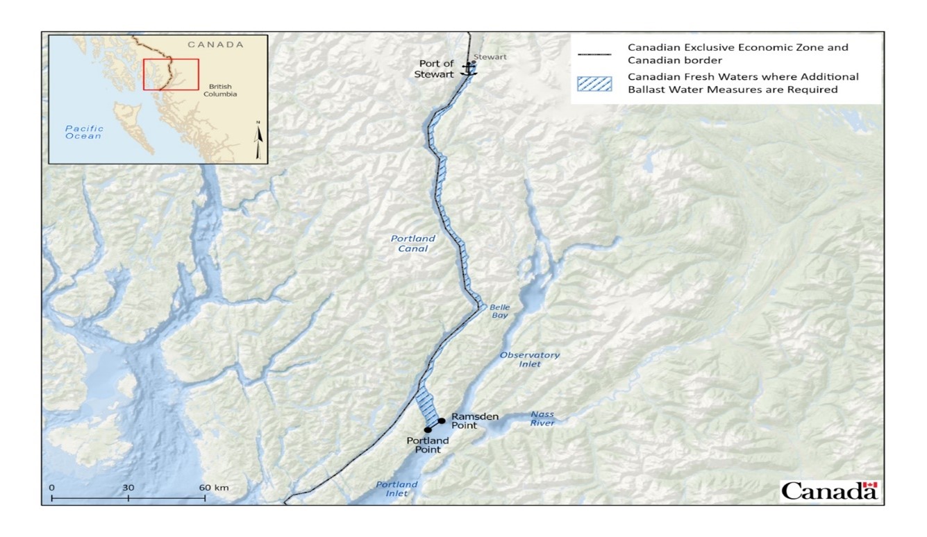 Figure 7: The waters at the Port of Stewart and waters in or upstream of the Portland Canal, north of a line between Portland Point and Ramsden Point.